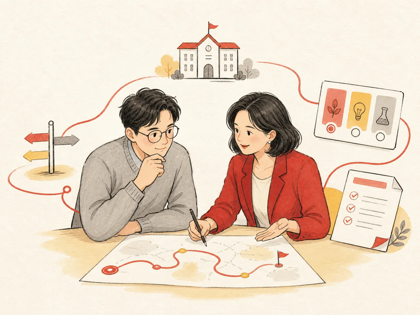成人学习者与报读老师一起规划院校专业路径的手绘插图
