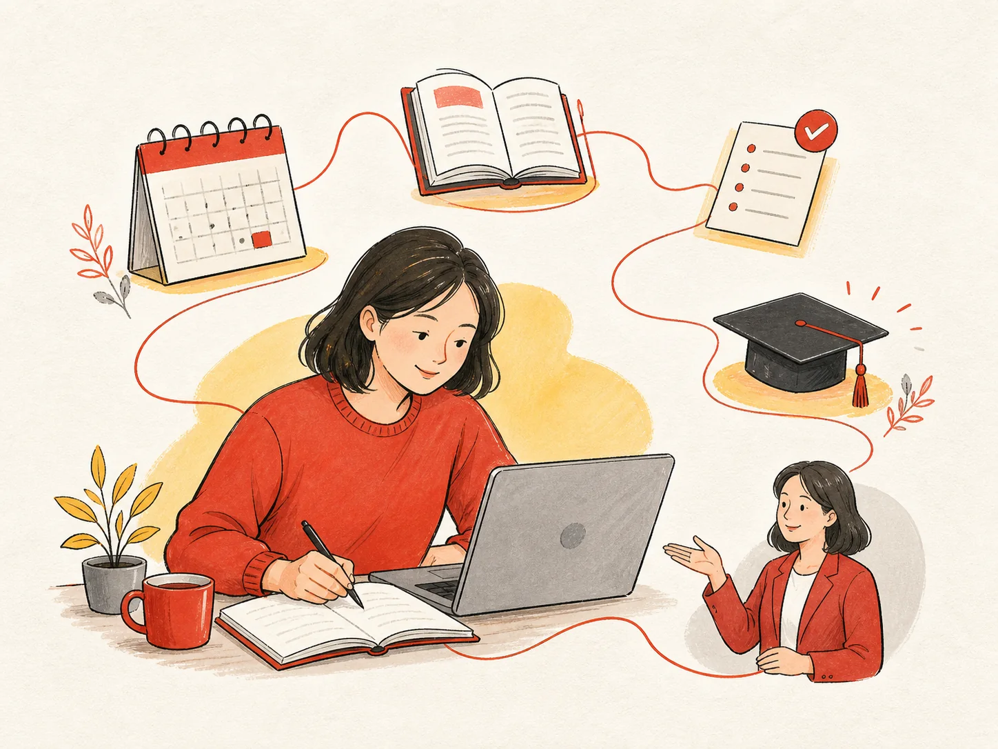 成人学习者获得课程考试与毕业支持的手绘插图